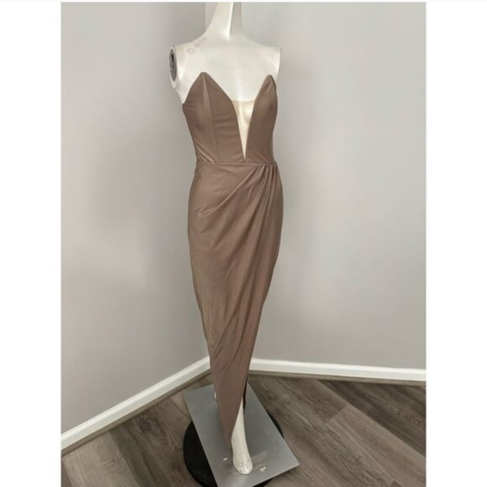 NWT Michael Costello X Revolve Womens Satin Surplice Skirt Jake Gown Taupe Small - Picture 6 of 11